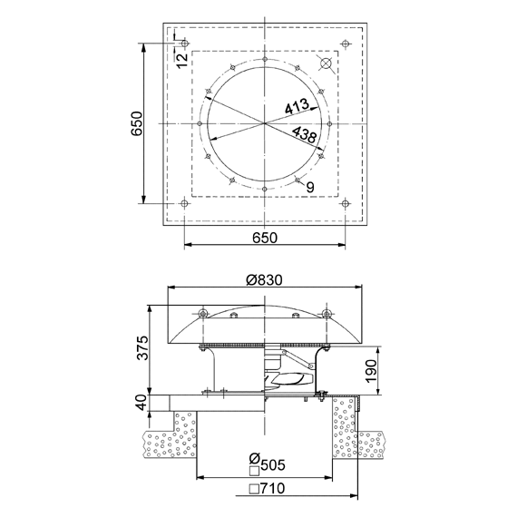 DZD 40/6 A-Ex IM0009118.PNG Tourelle d'extraction hélicoïde, soufflant dans le sens horizontal, DN 400, courant triphasé, antidéflagrante