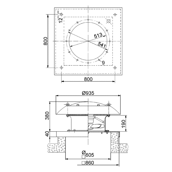 DZD 50/4 A-Ex IM0009119.PNG Tourelle d'extraction hélicoïde, soufflant dans le sens horizontal, DN 500, courant triphasé, antidéflagrante