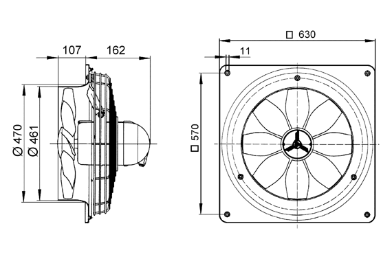 DZQ 45/4 A-Ex IM0009126.PNG Axial wall fan with square wall plate, DN 450, three-phase AC, explosion proof