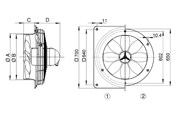 DZQ 50/6 A-Ex IM0009127.PNG Axial wall fan with square wall plate, DN 500, three-phase AC, explosion proof