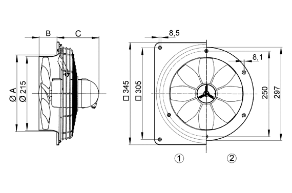 DZS 20/2 A-Ex IM0009137.PNG Axial wall fan with steel wall ring, DN 200, three-phase AC, explosion proof