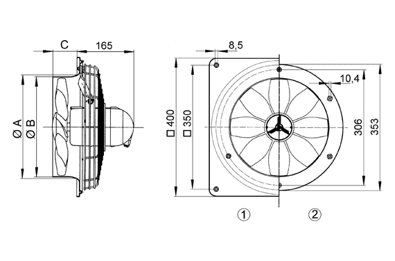 DZS 25/2 A-Ex IM0009138.PNG Axial wall fan with steel wall ring, DN 250, three-phase AC, explosion proof