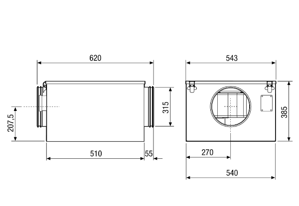 ESR 31-2 S IM0009613.PNG Sound-insulated ventilation box with swivelling fan, DN 315, alternating current