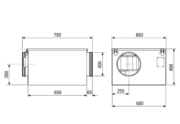 DSR 40-2 S IM0009616.PNG Sound-insulated ventilation box with swivelling fan, DN 400, three-phase AC