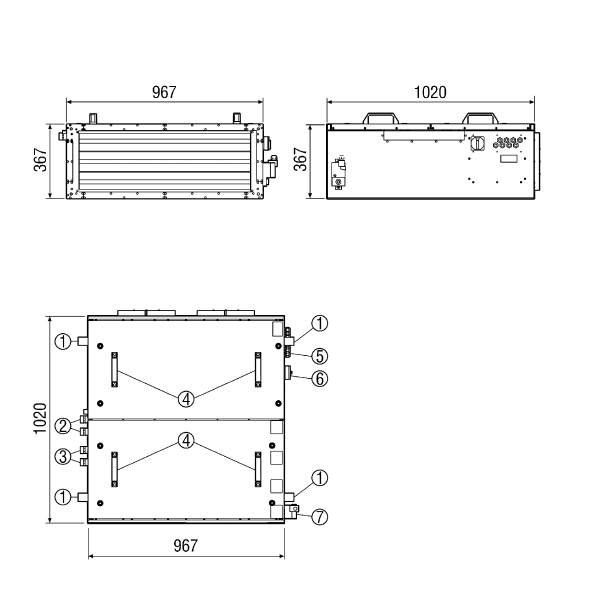 KFD 9030-K IM0011038.PNG Boîte plate insonorisée pour air entrant avec ventilateur diagonal, volet de fermeture, filtre à air et  réchauffeur d'air à eau et registre de refroidissement, gaine de dimension 900 mm x 300 mm