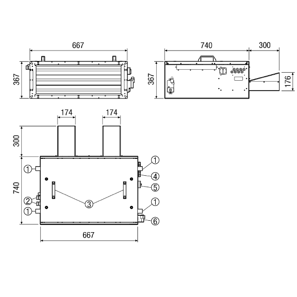 KFR 6030 IM0011045.PNG Sound-insulated Flatbox for supply air with centrifugal fan, shutter, air filter and water-air heater, channel size 600 mm x 300 mm