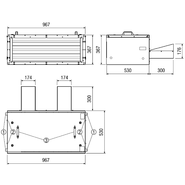 KFR 9030-A IM0011048.PNG Boîte plate insonorisée pour air sortant avec ventilateur centrifuge et volet de fermeture avec servomoteur, gaine de dimension 900 mm x 300 mm