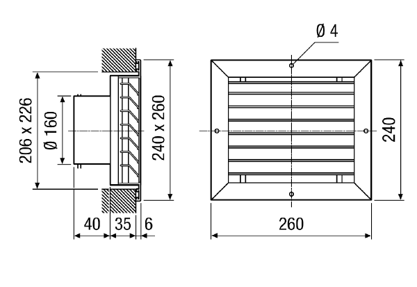 MGE 160 alu IM0011483.PNG Kwadratowa kratka zabezpieczająca przed wpływami atmosferycznymi na rury DN 160, aluminium