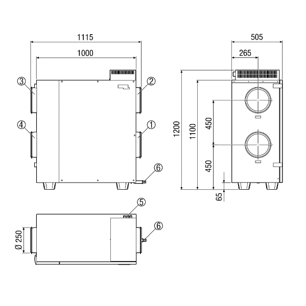 WR 600 IM0011843.PNG Прибор централизованной вентиляции с очень эффективной рекуперацией тепла через перекрестный противоточный теплообменник, двигатели EC с регулированием для поддержания постоянного объемного расхода, интервальный режим, 150-620 м³/ч, 4 x DN 250, вкл. пульт управления RLS 1 WR, сертификат DIBT и сертификат "пассивного дома", возможно подключение к KNX