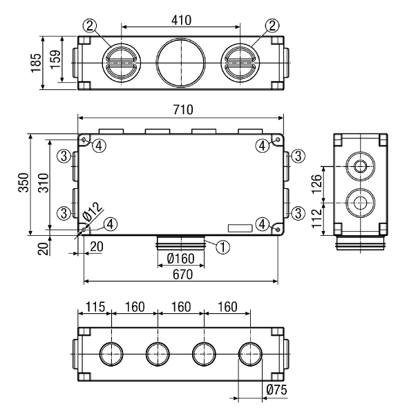 MF-V75-8 IM0012618.PNG Diffuseur d'air en plastique insonorisant, avec 2 ouvertures de visite, pour 8 x gaine flexible MF-F75, conduit d'amenée DN 160, largeur x hauteur x profondeur : 710 x 185 x 350 mm
