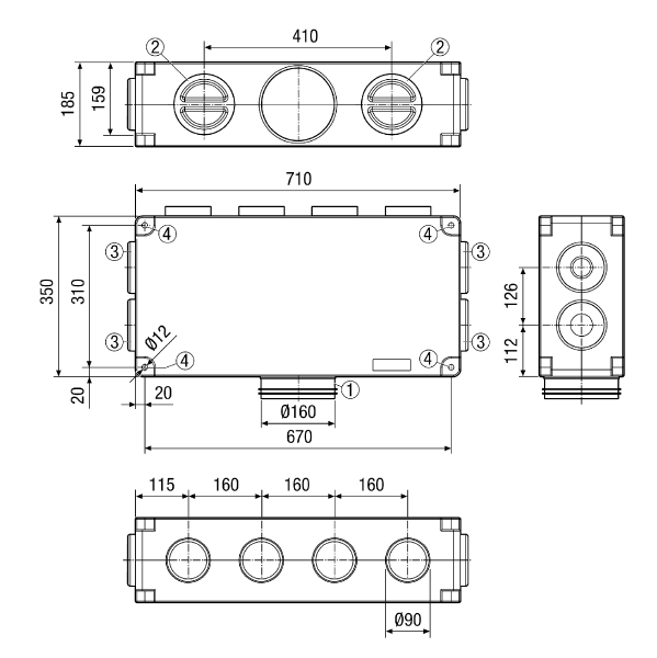MF-V90-8 IM0012620.PNG Diffuseur d'air en plastique insonorisant, avec 2 ouvertures de visite, pour 8 x gaine flexible MF-F90, conduit d'amenée DN 160, largeur x hauteur x profondeur : 710 x 185 x 350 mm