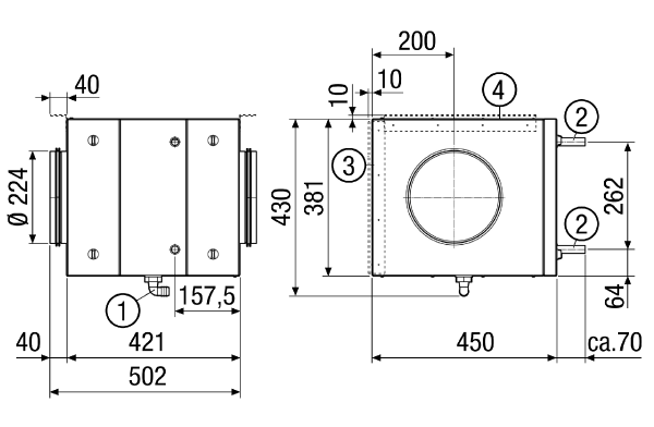 EW-K 225 IM0012701.PNG Brine-air heat exchanger for brine geothermal heat exchanger, DN 225 with 30 mm thermal insulation and integrated G4 air filter, max. volumetric flow 450 m³/h