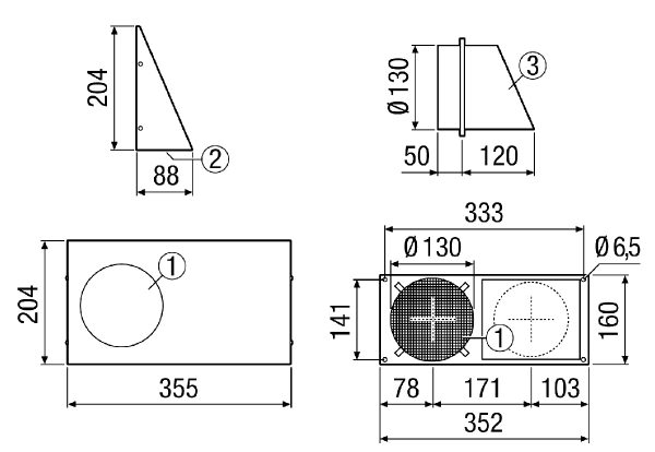 KWH 12 R IM0012810.PNG Raccord mural combiné, DN 125, air extérieur côté droit