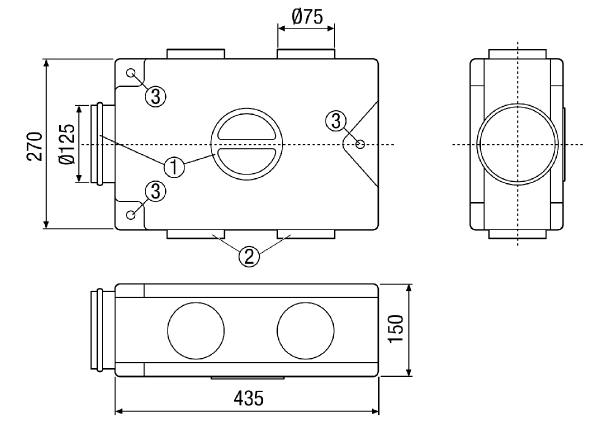 MF-V75 IM0012945.PNG Diffuseur d'air en plastique insonorisant, avec ouverture de visite, pour 4 x gaine flexible MF-F75, conduit d'amenée DN 125, largeur x hauteur x profondeur : 435 x 150 x 270 mm