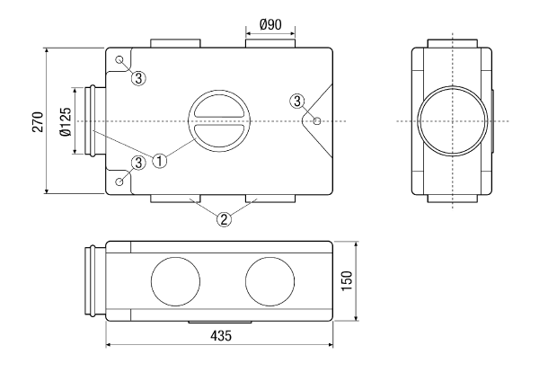 MF-V90 IM0012946.PNG Air distributor made of sound-insulating plastic, with service opening, for 4 x MF-F90 flexible ducts, DN 125 feed duct, width x height x depth: 435 x 150 x 270 mm