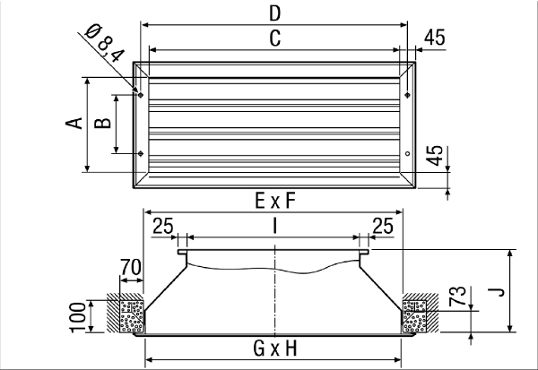 LZP-R 22 IM0012952.PNG Grille de protection anti-intempéries à perte de charge réduite, tôle d'acier galvanisée, dimensions de la gaine 500 x 250 mm