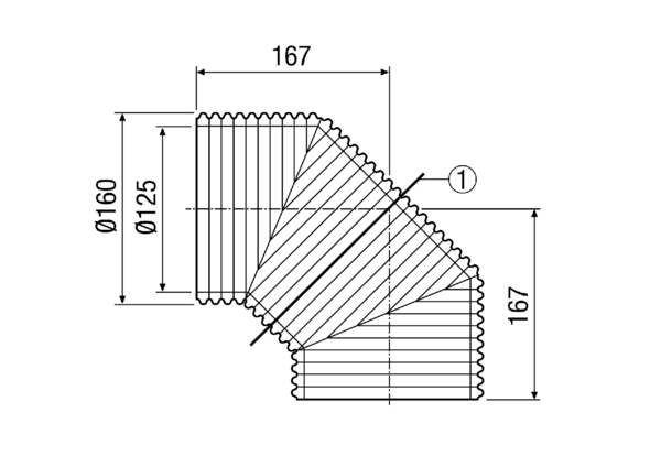 MT-B125 90/45 IM0013240.PNG Toplinski izolirano koljeno ventilacijske cijevi, 90°, može se podijeliti u 2 x 45°, DN 125