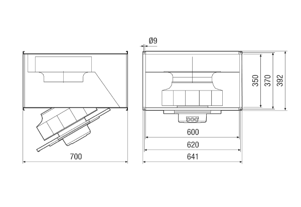DPK 31/1-S EC IM0013283.PNG Radiální kanálový ventilátor s EC motorem, třífázový proud, rozměr kanálu 600 mm x 350 mm, objemový průtok 4 750 m³/h