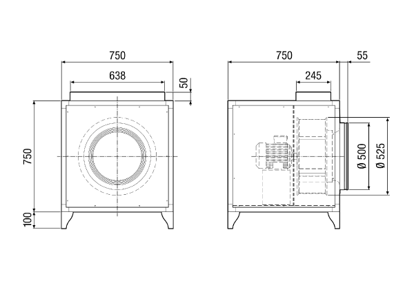 DSQ 50/4 K IM0013741.PNG Sound-insulated radial fan for high temperatures, three-phase AC, DN 500
