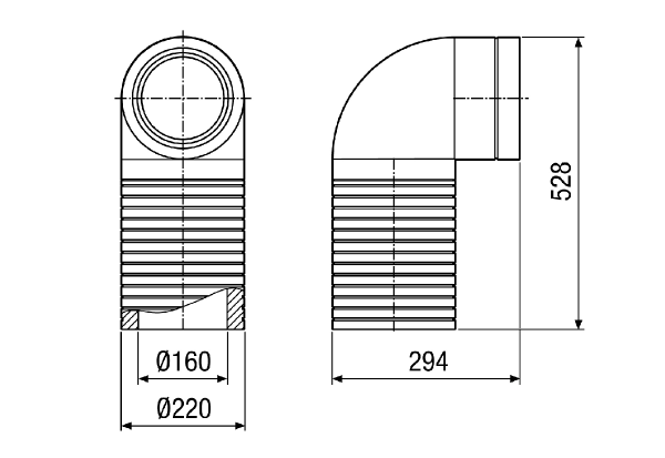 ABLS 160 IM0013780.PNG Thermally insulated long pipe elbow, DN 160, installation requires very little space, suited to installation locations offering little space