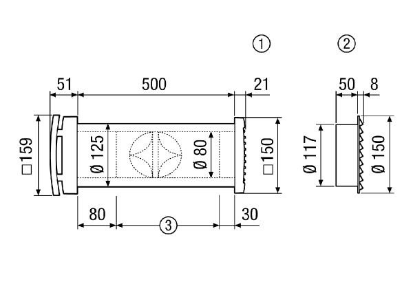 ALD 125 IM0013794.PNG Zvučno izolirani ulaz za vanjski zrak za decentralnu kućnu ventilaciju s ručnom žaluzinom i plastičnom vanjskom rešetkom, DN 125