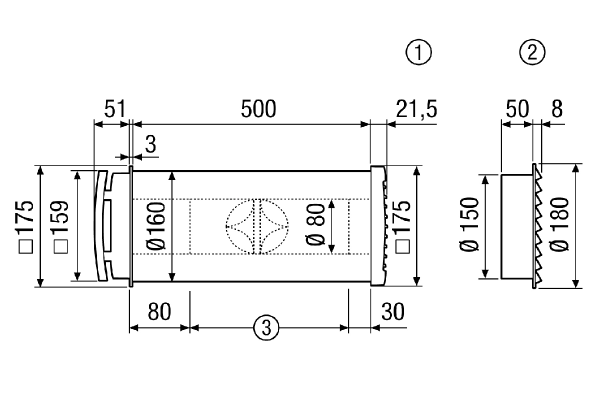 ALD 160 VA IM0013796.PNG Шумоглушащий проход наружного воздуха для децентрализованной приточной вентиляции жилья с ручной заслонкой и наружной решеткой из нержавеющей стали, DN 160