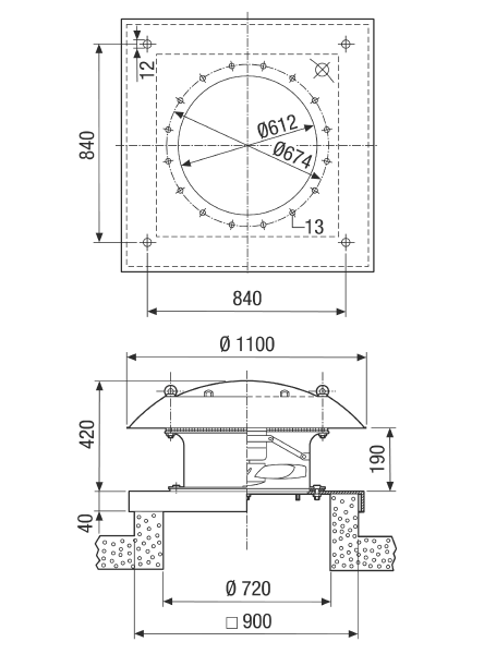 DZD 60/6 B Ex e IM0013885.PNG Axial roof fan, horizontal air outlet, DN600, three-phase AC, explosion-proof, medium: gas