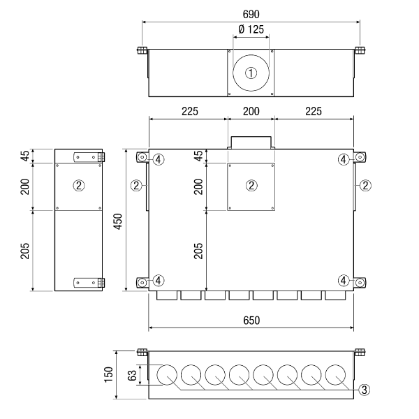 MF-BV63-125-8 IM0013990.PNG Légelosztó acéllemezből, 1-soros, 8 x rugalmas csőhöz MF-F63, bevezető cső DN 125, szélesség x magasság x mélység: 650 x 150 x 450 mm