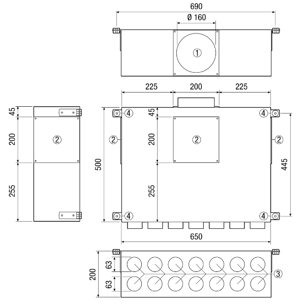 MF-BV63-160-14 IM0013992.PNG Diffuseur d'air en tôle d'acier, 2 rangées, pour 14 x gaine flexible MF-F63, conduit d'amenée DN 160, largeur x hauteur x profondeur : 650 x 200 x 500 mm