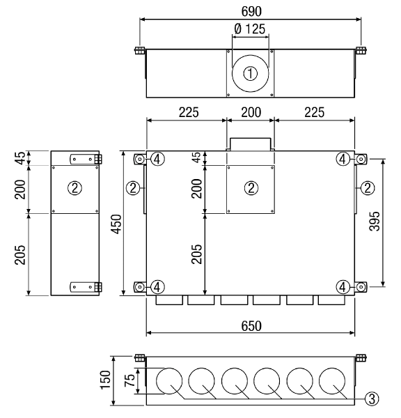 MF-BV75-125-6 IM0013994.PNG Air distributor made of sheet steel, single row, for 6 x MF-F75 flexible ducts, DN 125 feed duct, width x height x depth: 650 x 150 x 450 mm