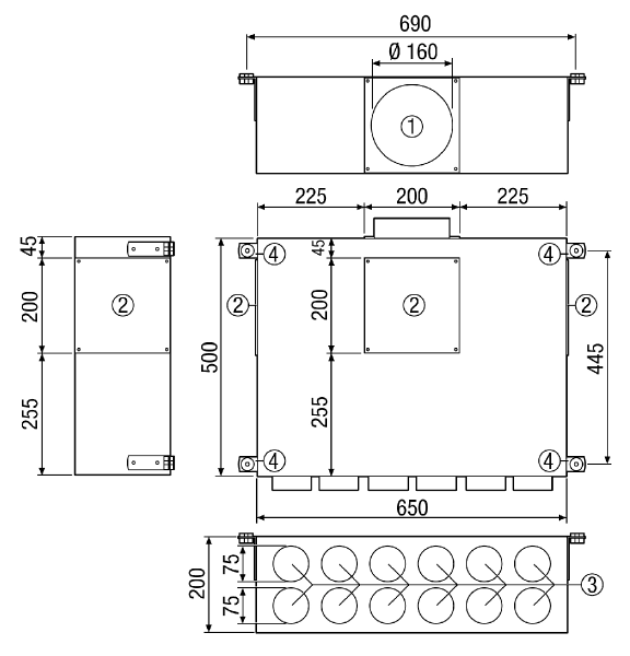 MF-BV75-160-12 IM0013996.PNG Diffuseur d'air en tôle d'acier, 2 rangées, pour 12 x gaine flexible MF-F75, conduit d'amenée DN 160, largeur x hauteur x profondeur : 650 x 200 x 500 mm