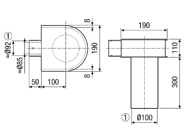 MF-WLF100/90 IM0014020.PNG Équerre pour raccord 90° de la gaine flexible MF-F90 au clapet DN 100, longueur du raccord 300 mm