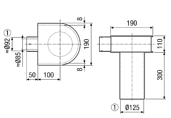 MF-WLF125/90 IM0014022.PNG Équerre pour raccord 90° de la gaine flexible MF-F90 au clapet DN 125, longueur du raccord 300 mm
