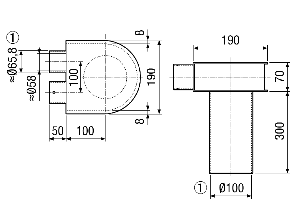 MF-WLF100/63/63 IM0014155.PNG Уголок для 90°-ного перехода от 2 гибких труб MF-F63 к клапану DN 100, высота 70 мм, длина патрубка 300 мм