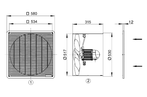 EZF 50/6 B IM0014389.PNG Axial wall fan for recessed-mounted installation, DN 500, single-phase AC