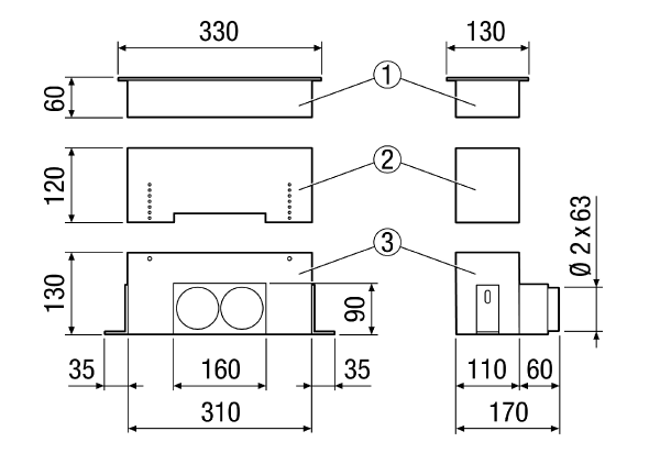 MF-FBWA 63 IM0014596.PNG Floor and wall outlet for MAICOFlex ventilation duct system for connecting 2 MF-F63 flexible ducts