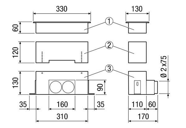 MF-FBWA 75 IM0014598.PNG Floor and wall outlet for MAICOFlex ventilation duct system for connecting 2 MF-F 75 flexible ducts