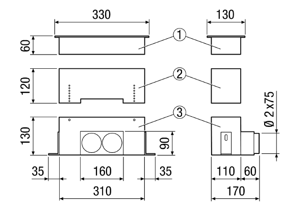 MF-FBWA 75 IM0014598.PNG Floor and wall outlet for MAICOFlex ventilation duct system for connecting 2 MF-F 75 flexible ducts
