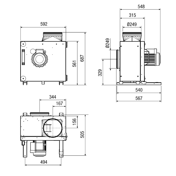 EKR 25-2 IM0014821.PNG Caisson d'air sortant insonorisé, DN 250, courant alternatif
