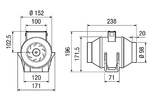 ERK 100 IM0014892.PNG Diagonal fan for duct installation, DN 100, one-level