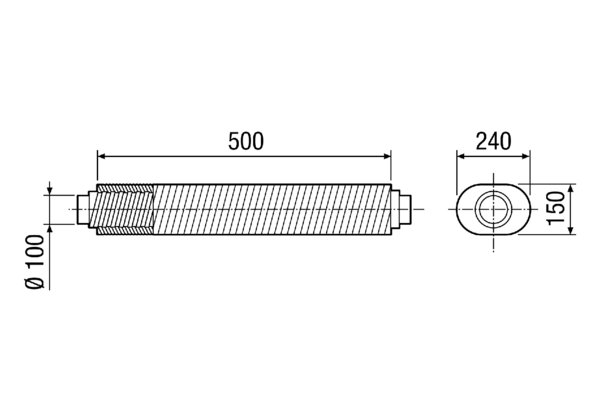 RSOF 10/50 IM0014914.PNG Plochý flexibilní tlumič hluku v oválném provedení s 50 mm tlumícím obložením (na ploché straně), délka: 500 mm, výška: 150 mm, DN 100