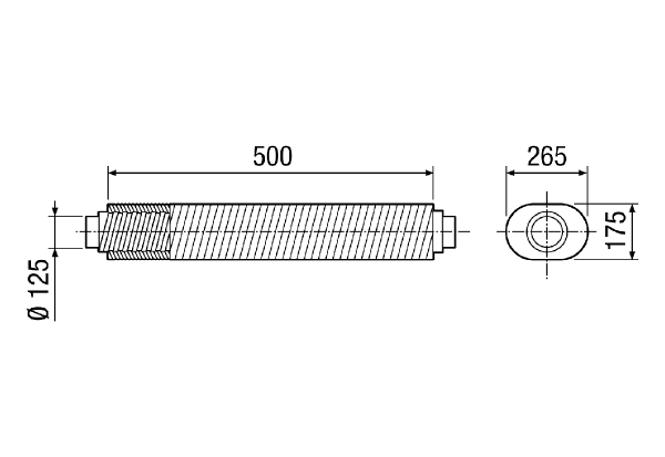 RSOF 12/50 IM0014916.PNG Silencieux téléphonie plat et flexible en exécution ovale avec garniture d'insonorisation de 50 mm (côté plat), longueur : 500 mm, hauteur : 175 mm, DN 125
