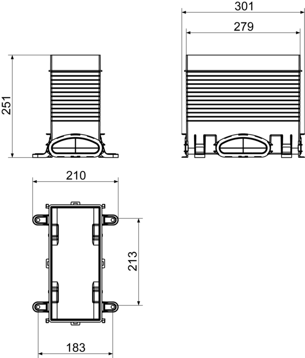 FFS-BA IM0015072.PNG Podlahová výústka pro přívod z plastu, možnost připojení pro plochý ventilační kanál, všesměrově připojitelný s předznačeným otvorem, šířka x výška x hloubka: cca. 301 x 251 x 210 mm, obsah dodávky: 1 podlahová výústka, 1 samostatný adaptér pro trubku (FFS-RA), 1 montážní pomůcka EPS