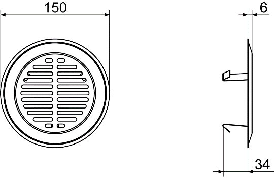 FFS-WG IM0015078.PNG Formatervezett fali- / mennyezeti rács az FFS-WA fali- / mennyezeti kivezetőhöz. A rács bolyhozott acélból modern hosszú lyukazatú formatervvel rendelkezik, rögzítése szorítókapcsokkal történik. Átmérő: 150 mm, magasság: 40 mm, Szállítási csomag: 1 fali- / mennyezeti rács, 1 regenerálható szűrő