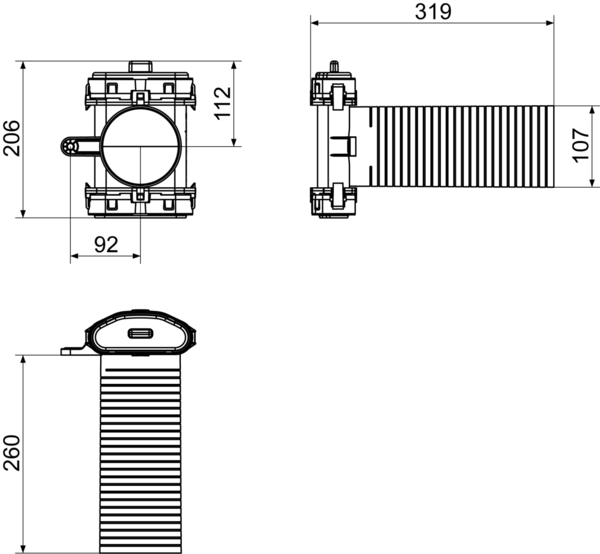 FFS-WA IM0015082.PNG Zidni i stropni ispust za usisni i odsisni zrak od plastike, mogućnosti priključivanja za fleksibilni zračni kanal, promjer: 100 mm, širina x visina x dubina: oko 206 x 319 x 143 mm, isporuka: Jedan zidni/stropni ispust, dva pojedinačna adaptera cijevnih pričvrsnih elemenata (FFS-RA), jedan slijepi poklopac (FFS-D)