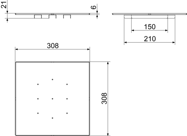 FFS-VD IM0015086.PNG Revizní víko z nerezi k vestavbě do podlahy jako přístup k rozváděči vzduchu, šířka x výška x hloubka: cca. 308 x 6 x 308 mm, obsah dodávky: 1 kryt rozváděče vzduchu, 4 úhlové lišty