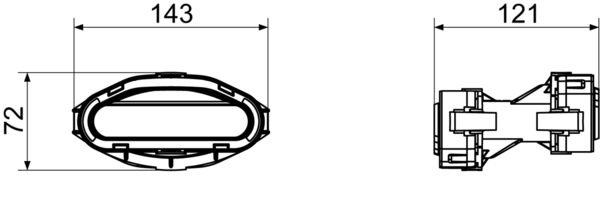 FFS-Ü180 IM0015092.PNG Transition piece for change of direction or 180° rotation of the flexible flat duct, approx. width x height x depth: 143 x 72 x 121 mm, scope of delivery: 1 transition piece, 2 individual duct fixing adapters (FFS-RA)