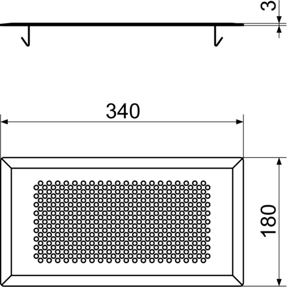 FFS-FGBW IM0015104.PNG Grille de sol standard praticable adaptée à la sortie par le sol FFS-BA. La grille de sol en acier inoxydable laqué blanc à configuration circulaire des orifices possède un design moderne avec trous en cercle, la fixation est assurée par des agrafes scellées sous la grille de sol, largeur x hauteur x profondeur : env. 340 x 180 x 3 mm, volume de la fourniture : 1 grille de sol, 1 ruban isolant