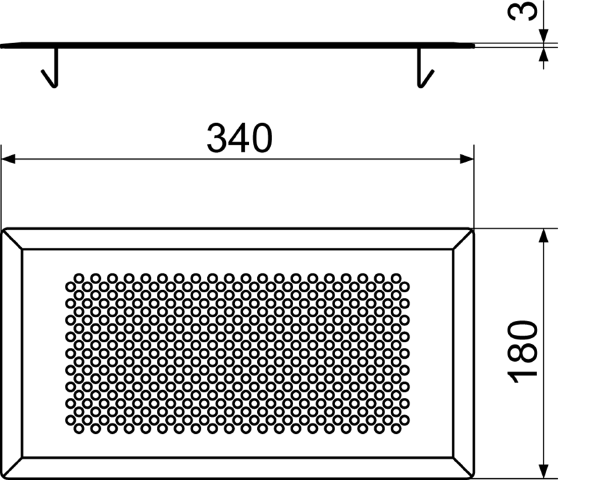 FFS-FGB IM0015106.PNG Hard-wearing standard floor grille, suitable for the FFS-BA floor outlet. The floor grille made of brushed stainless steel has a modern design with a circular pattern of holes. It is held in place with clamps that are positioned tight under the floor grille. Width x height x depth: approx. 340 x 180 x 3 mm, scope of delivery: 1 floor grille, 1 sealing strip