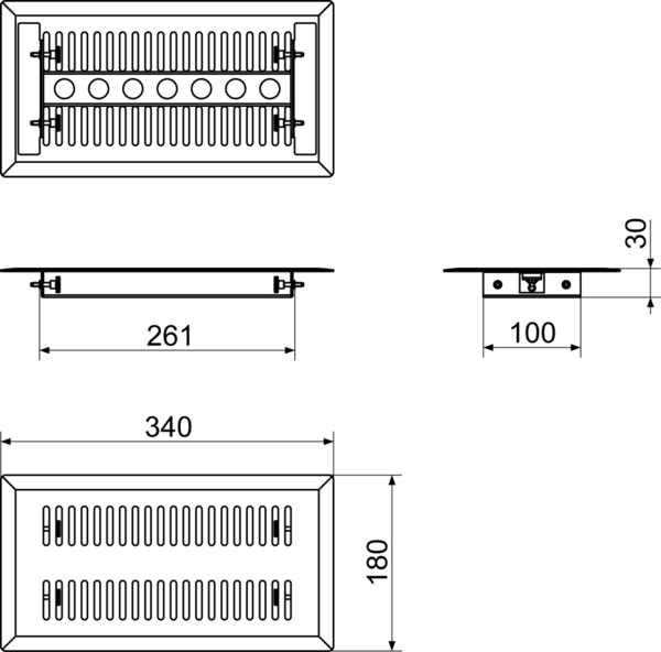 FFS-FG IM0015108.PNG Hard-wearing designer floor grille, suitable for the FFS-BA floor outlet. The floor grille made of brushed stainless steel has a modern long-slot design. The mounting frame allows it to be lined up with the surrounding floor covering. It is held in place with clamping pins. Width x height x depth: approx. 340 x 180 x 30 mm, scope of delivery: 1 floor grille, 1 holder, 1 sealing strip